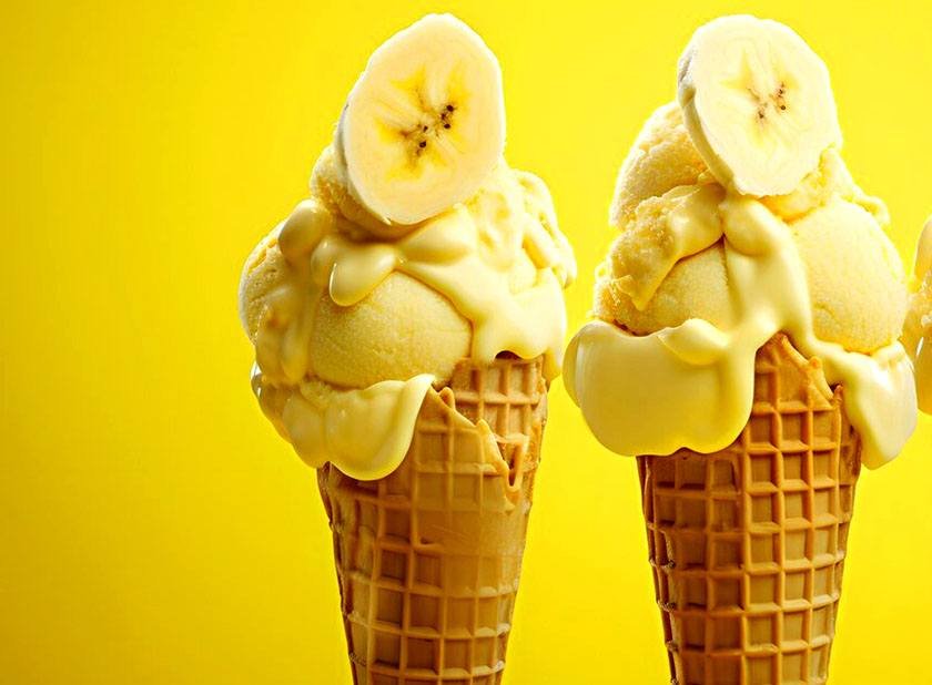 2 ice creams in a banana waffle cone and banana slices on top