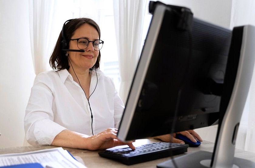 Woman on computer listening to Italian online courses