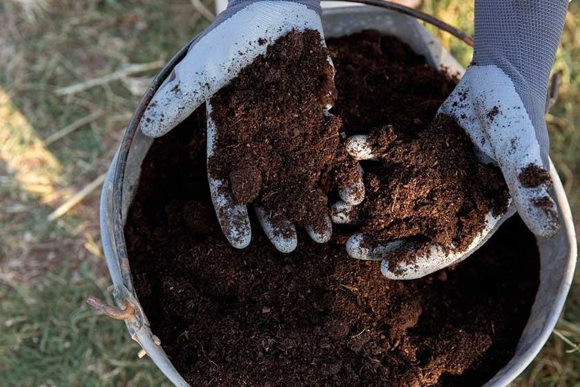 Hands with gloves full of soil and a pot of soil under them