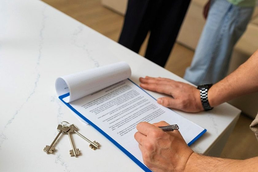 A man holds a pen and is ready to sign a lease