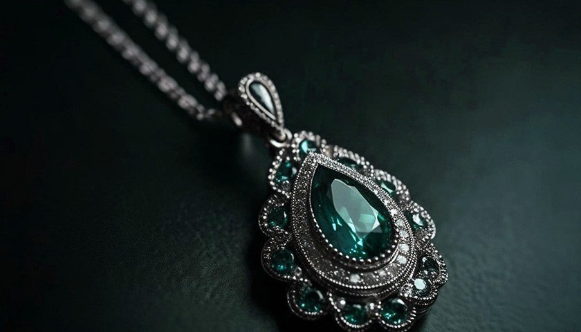 Close-up photo of Silver necklace with emerald