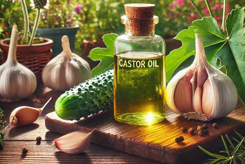 A close-up photo of a castor oil, garlic and cucumber on a board in the garden