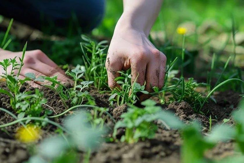 A woman performs the best way to kill weeds in lawn