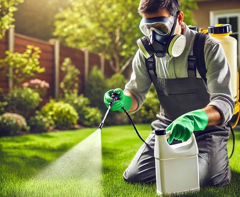 A man sprays his lawn with weed killer