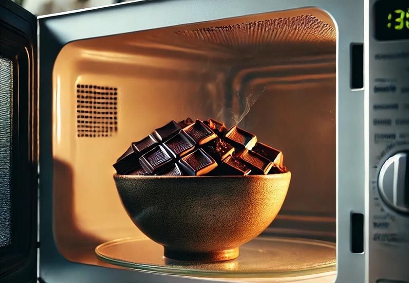 Chocolate chips in a bowl placed in an open microwave