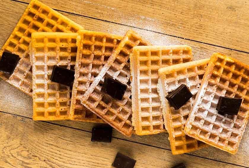 Shot from above Waffles with chocolate chips from