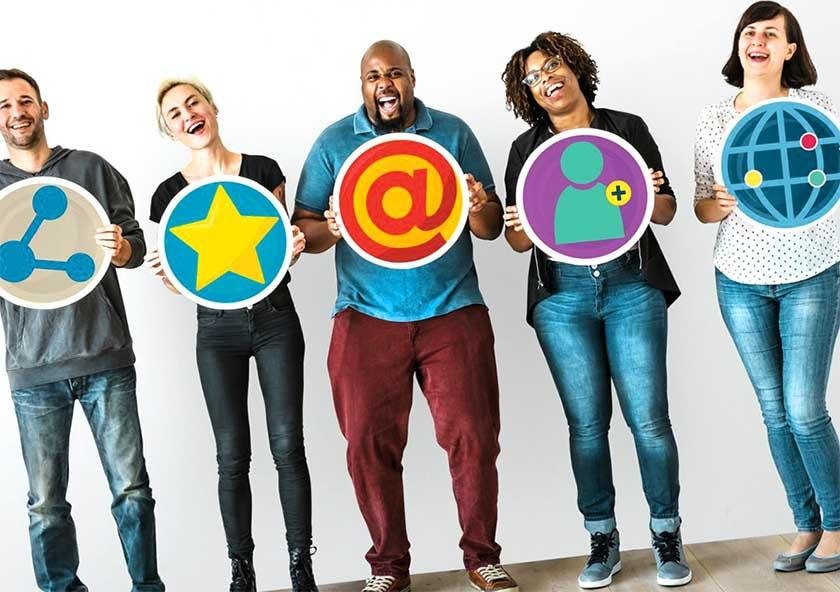 Five people holding icons representing sharing, favorites, email, user profile, and global network.