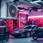 A photo that shows the best way to air condition a garage with a car and motorbike inside of it