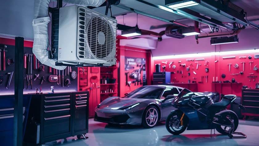 A photo that shows the best way to air condition a garage with a car and motorbike inside of it