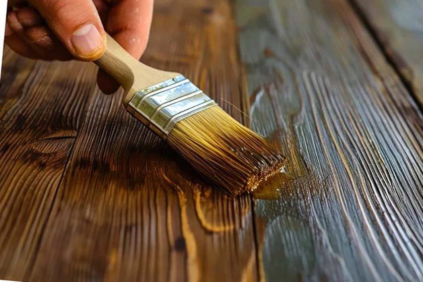 A brush applies polyurethane to wood