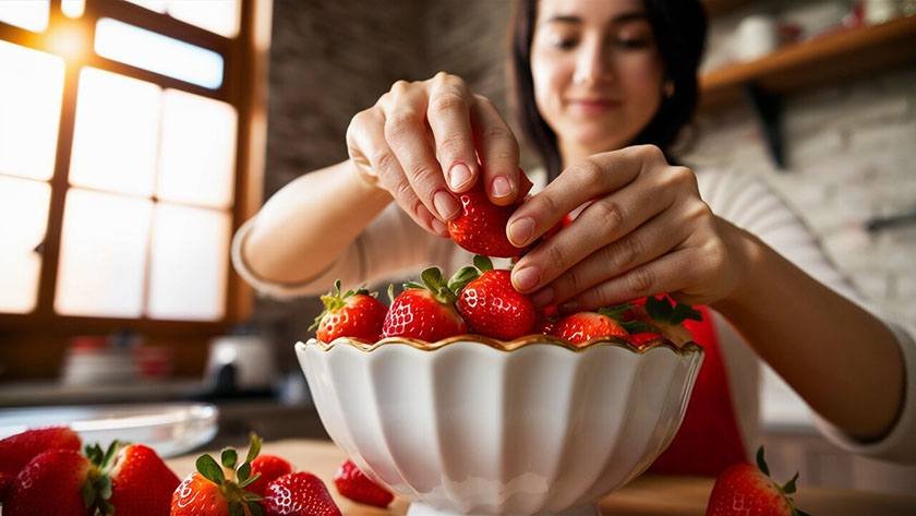 A woman performs the best way to clean strawberries