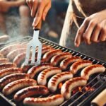 A man is showing the best way to cook brats