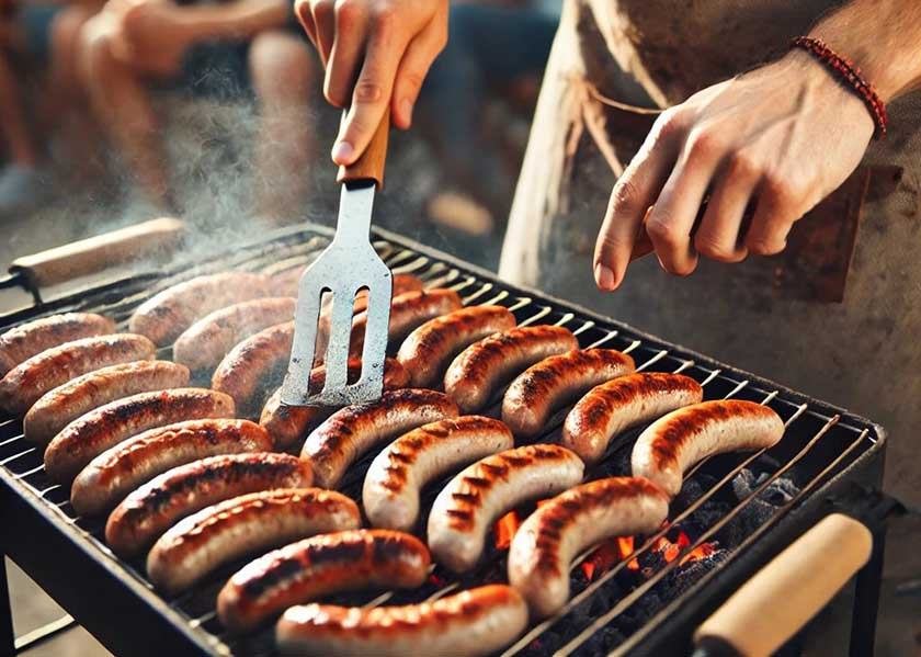 A man is showing the best way to cook brats