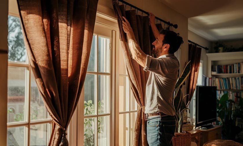 A man performs the best way to hang curtains