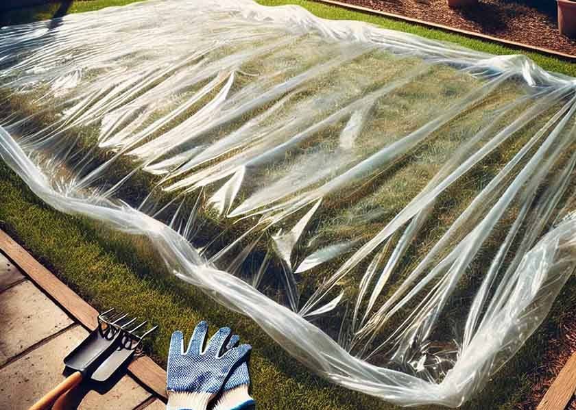 A yard covered with clear plastic to trap heat and kill grass