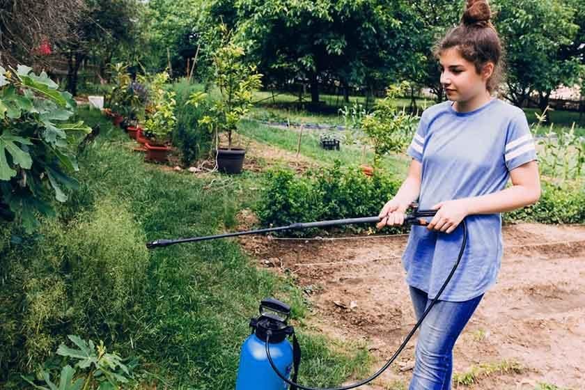 A woman sprays a chemical to kill the grass in her yard