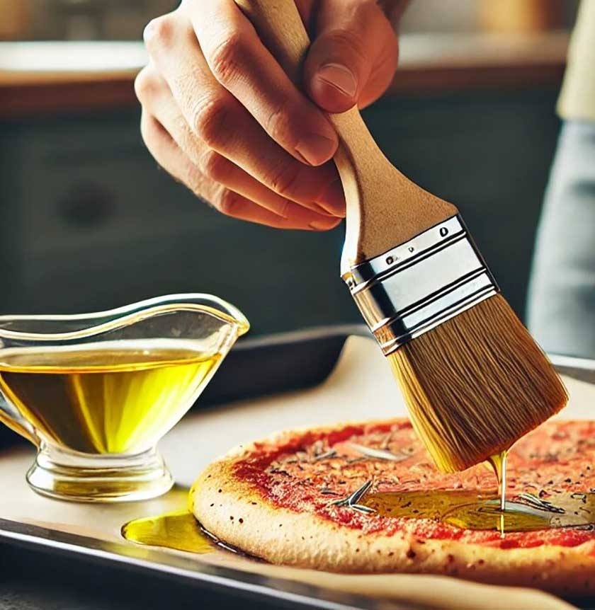 A man holds a brush with which he applies olive oil on a pizza