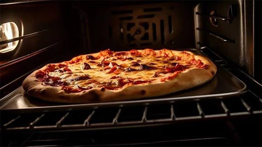 Close-up picture of a pizza in the oven