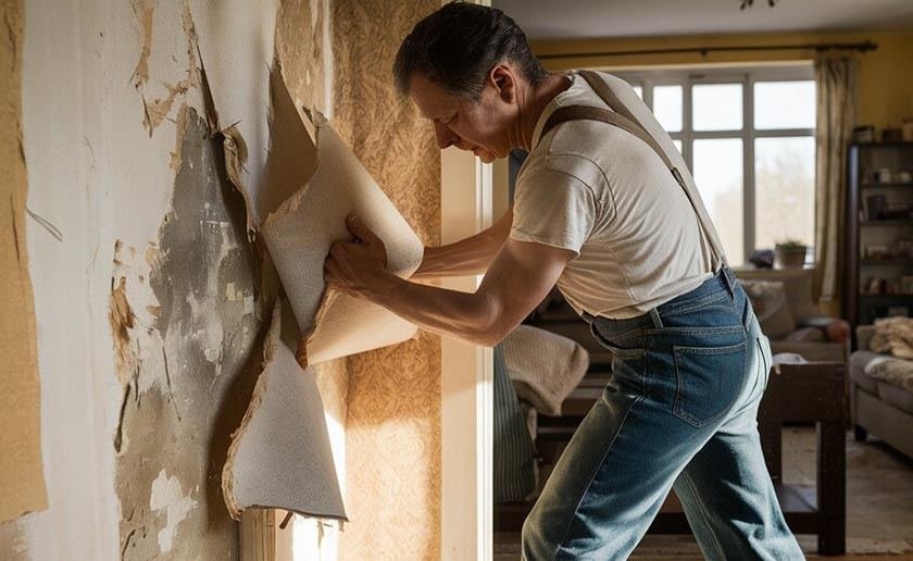 A man is using the best way to remove wallpaper in his room