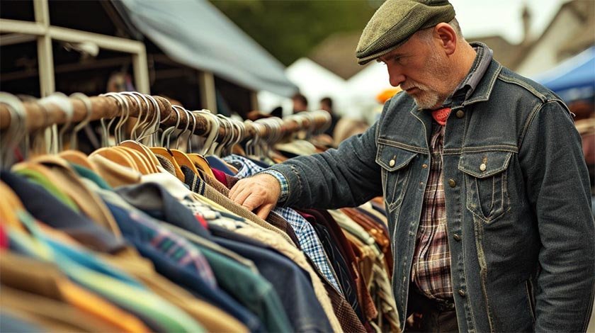 A man looks at clothes in an outdoor market