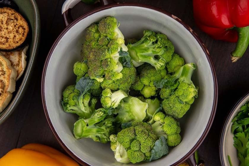 Photo taken from above of a pot full of broccoli