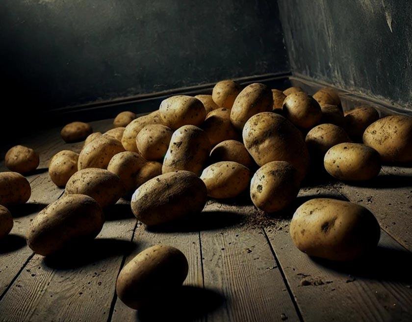 Many potatoes scattered on the ground in a dark room