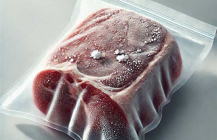 A vacuum packed package containing meat