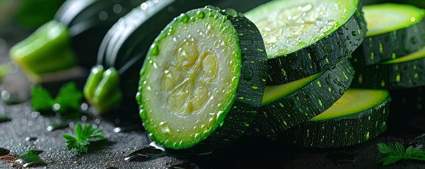 Zucchini in the background and in front of them pieces with water drops