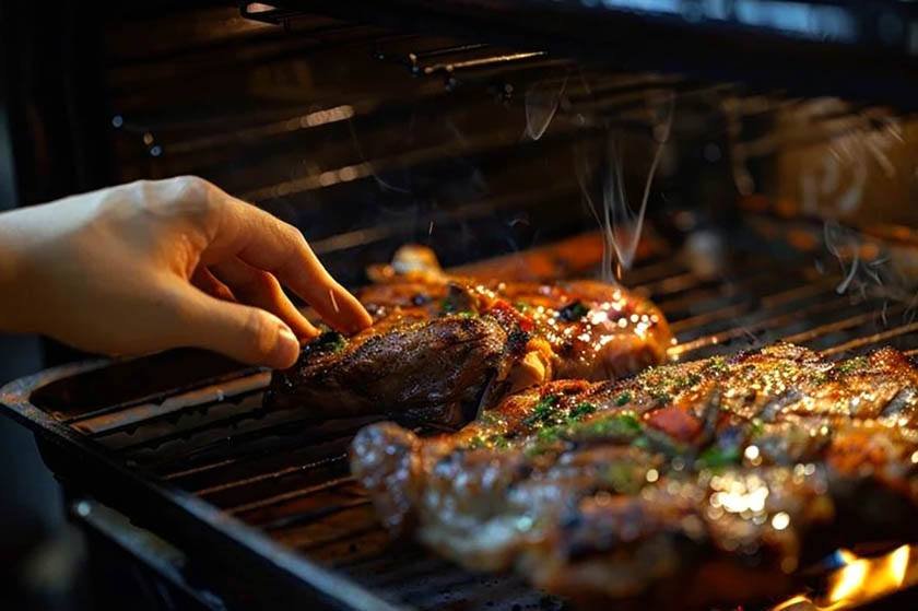 A hand checks the steak in the oven which is a process the best way to heat steak