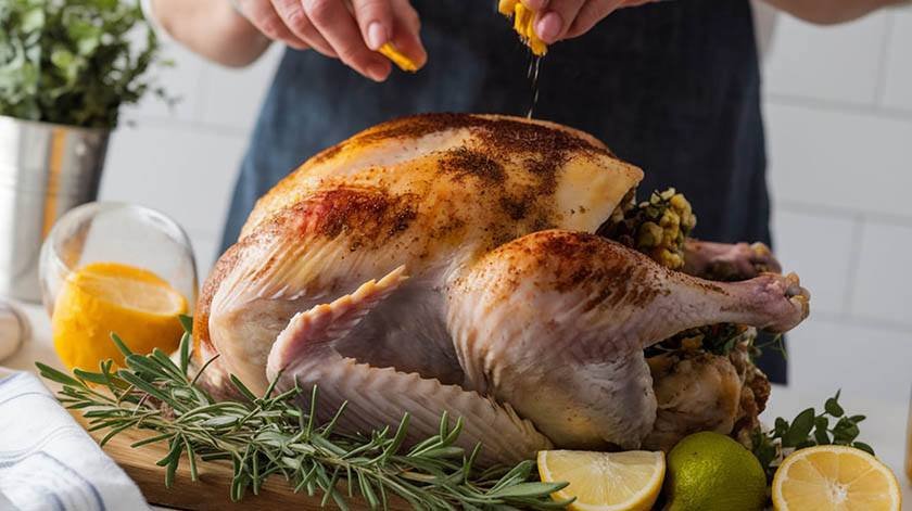 A man uses lemon sauce to flavor the turkey