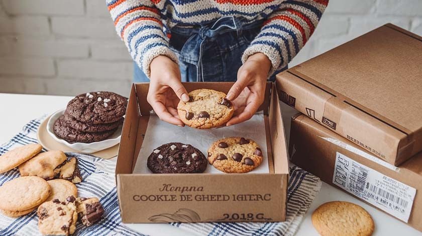 A woman puts cookies in a box