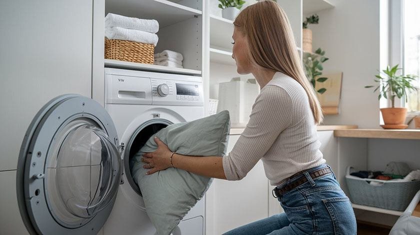 A woman in the living room performs the best way to wash pillows