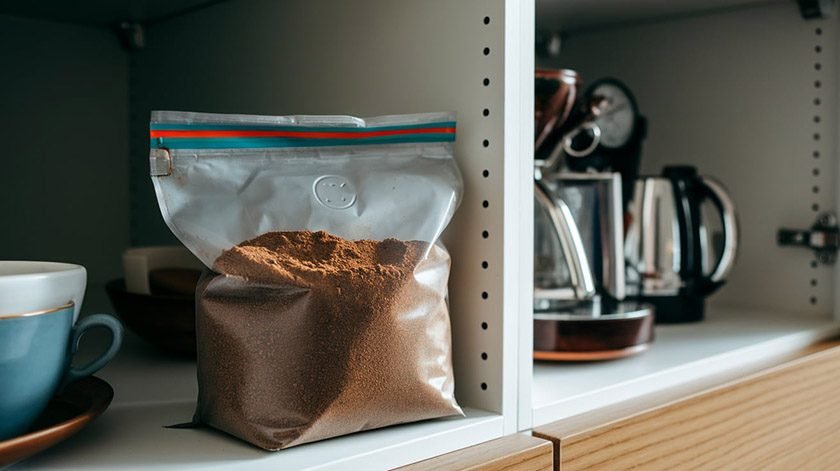 Ground coffee in a ziplock bag placed in a cabinet