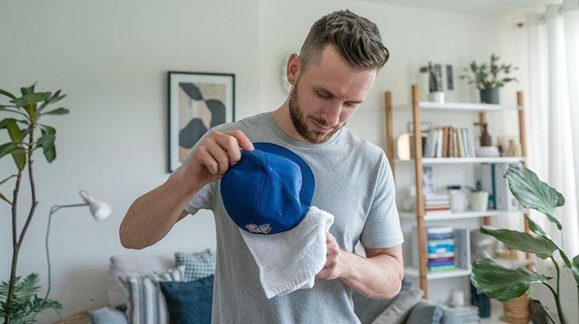 Man performs the best way to was a baseball cap with a towel