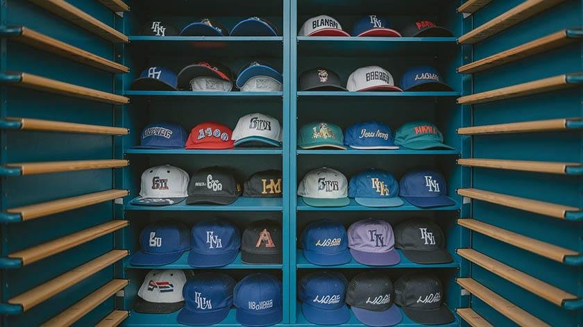 Many baseball caps in a cabinet